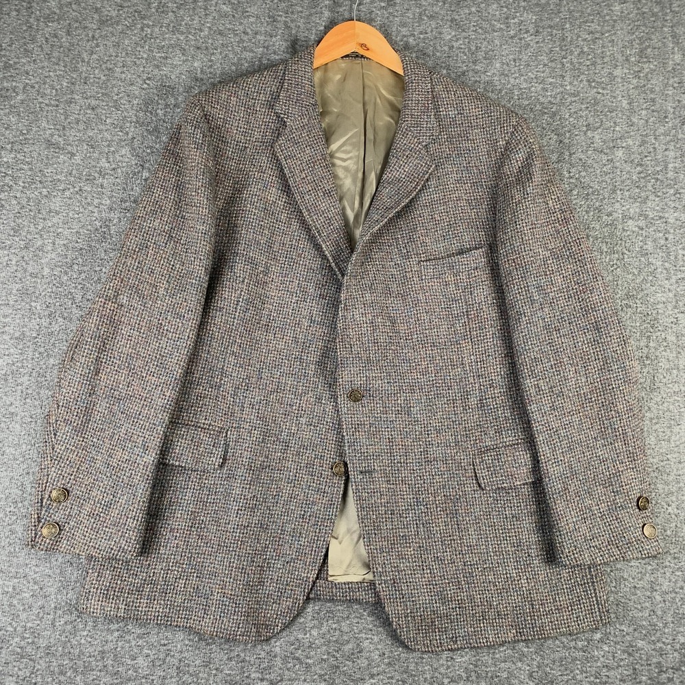 Harris Tweed Blazer Jacket Men 48 Brown Gold Button Sport Coat Made in USA